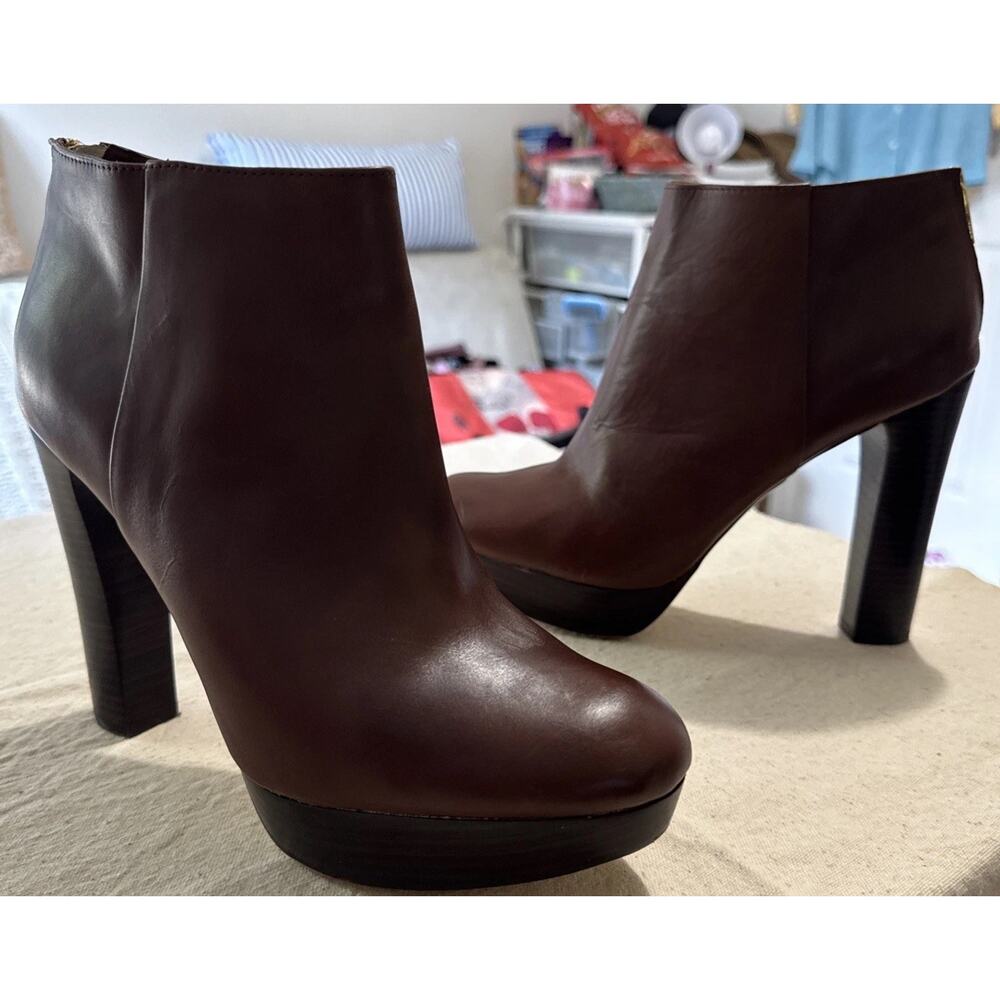 Michael Kors Leather Boots Heeled Winter Booties Womens Brown Zip Ankle Sz 9.5M